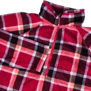Eddie Bauer Plaid Fleece 1/4 Zip Pullover Sweatshirt Womens XL Red Black Cozy